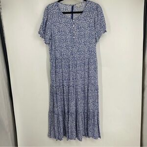 J. Crew XL Blue Tiered Ditsy Floral Midi Shirt Dress Cottage Prairie Maxi Cotton